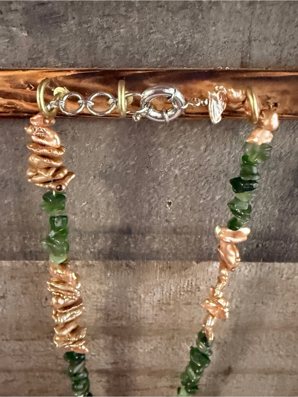 Green Jade and Champagne Pearl Bead Necklace